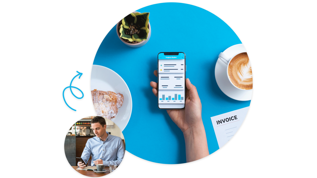 A business owner at a cafe inspects their finances on the go using the Xero mobile app.